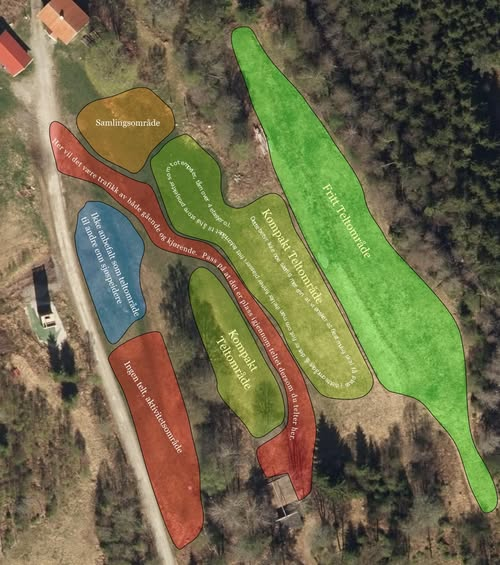 Kart over Kvernmoen med samlingsområde, teltområder og aktivitetsområder